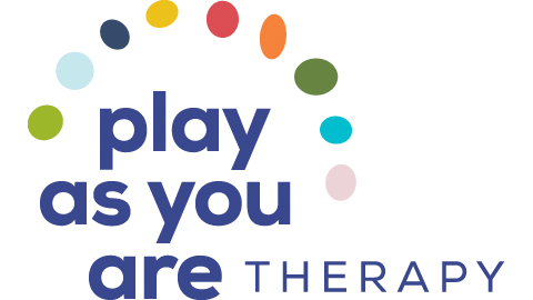 The Play as you are Therapy logo includes the business' name stacked in a staggered pattern with nine multi-colored circles/ovals arching over the stack of text.