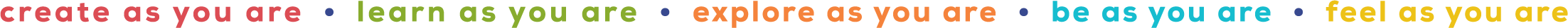 Play as you are Therapy's taglines—create as you are, learn as you are, explore as you are, be as you are, feel as you are—listed horizontally in a bold, multi-colored, lowercase font.